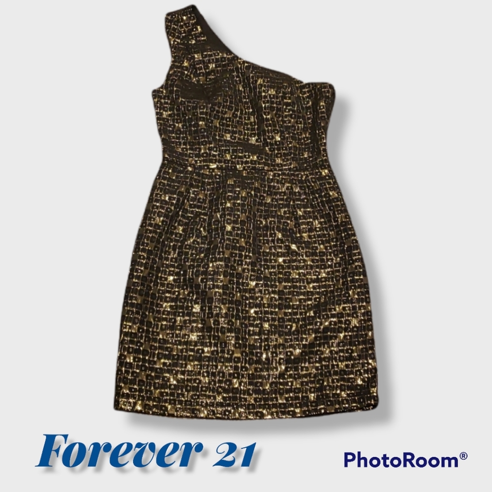 Black and gold metallic one shoulder party cocktail dress